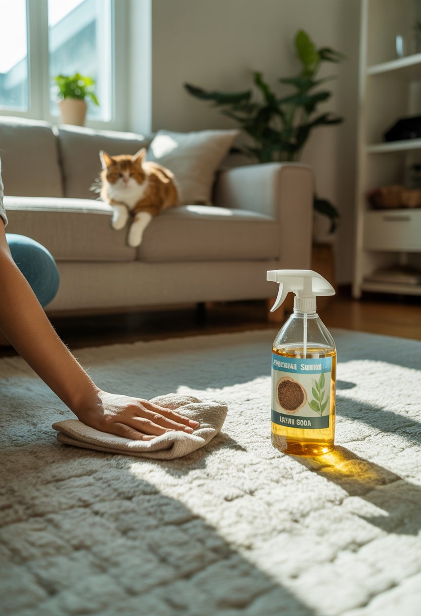 A person cleaning a spot on a carpet in a living room with a sofa and hardwood floor, with a cat sitting nearby.