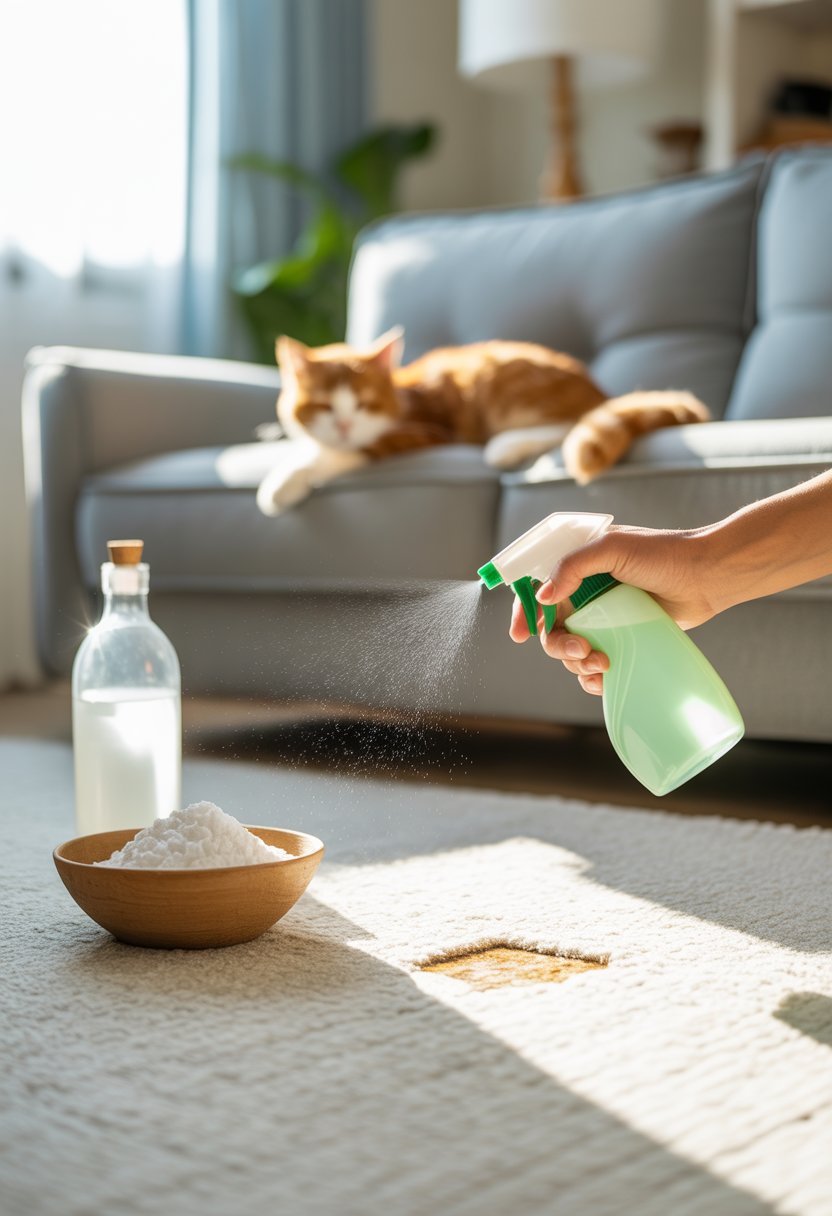 A person cleaning a carpet stain in a living room with natural cleaning supplies nearby and a cat resting on a sofa.