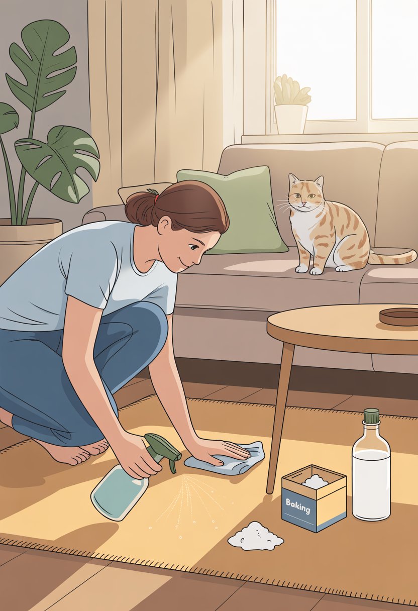 A person cleaning a carpet in a living room with cleaning supplies nearby and a cat sitting on a couch.