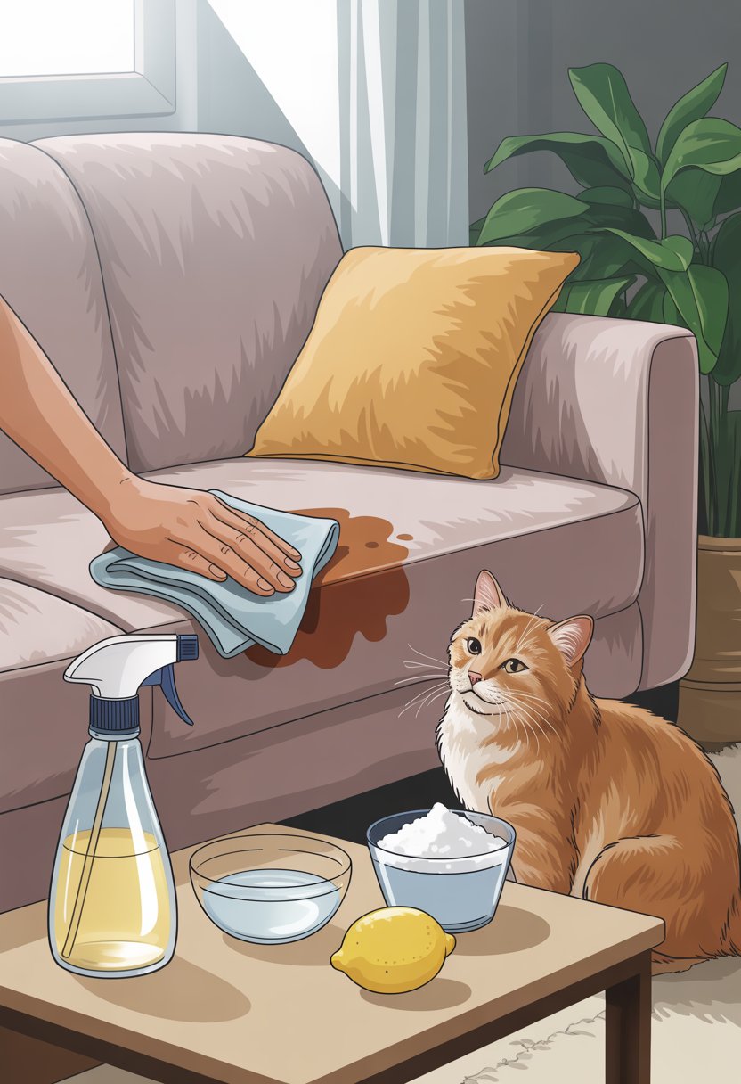 Uma pessoa que limpava um local em um sofá com um pano enquanto ingredientes domésticos como vinagre, bicarbonato de sódio e um frasco de spray sentam em uma mesa próxima, com um gato sentado calmamente no chão.