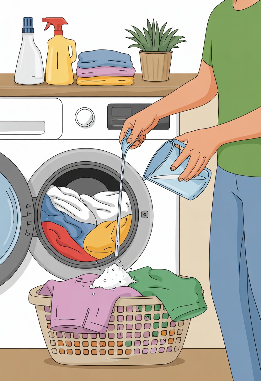 Uma pessoa se preparando para lavar roupas manchadas de urina de gato usando vinagre branco e bicarbonato de sódio em uma lavanderia.