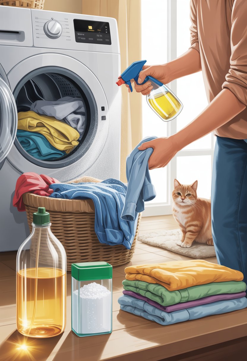 Uma pessoa que trata uma camisa manchada com suprimentos de limpeza perto de uma máquina de lavar enquanto um gato se senta calmamente ao fundo.