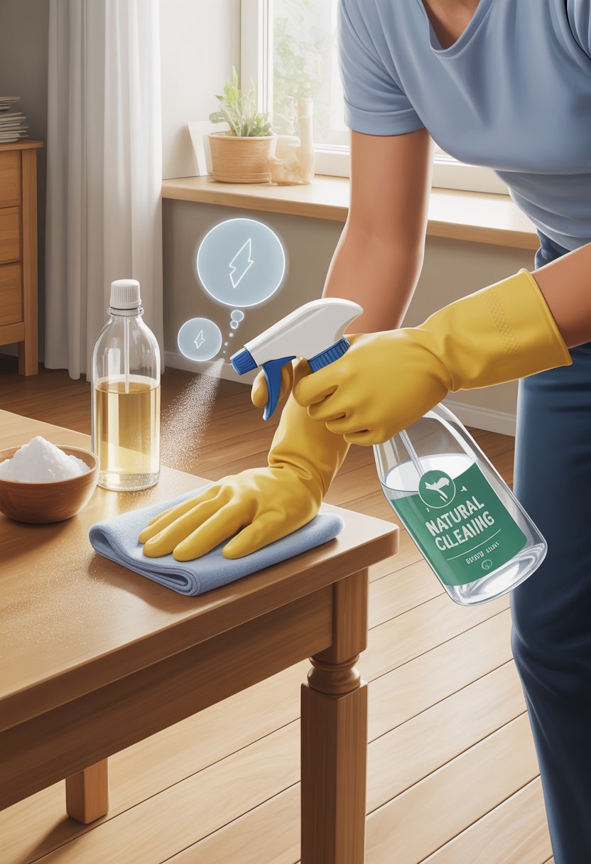 A person wearing gloves cleaning a wooden surface with a cloth and spray bottle in a bright home, with natural cleaning supplies nearby and an open window for ventilation.