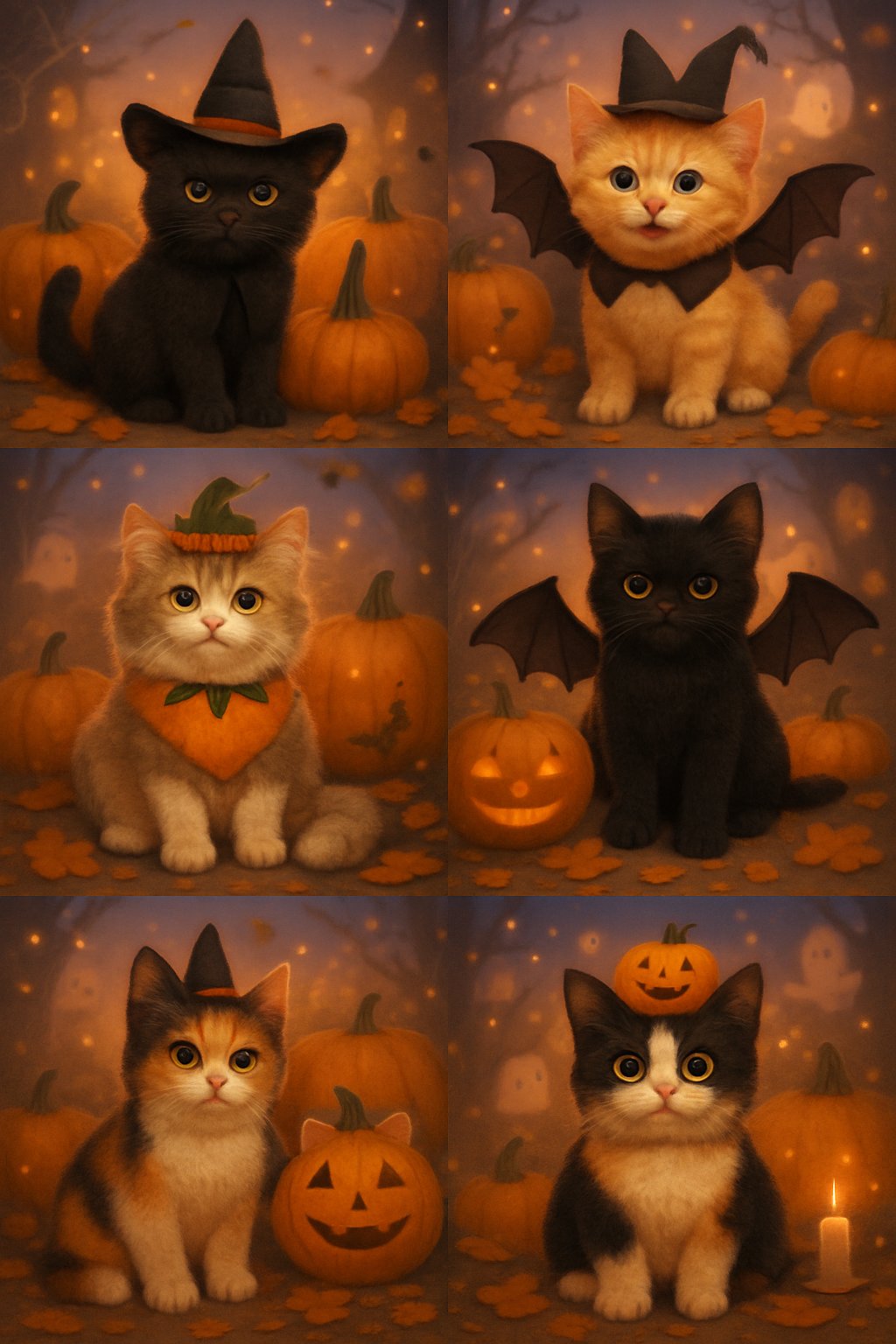 Ten cats dressed in various Halloween costumes surrounded by pumpkins, autumn leaves, and soft glowing lights.