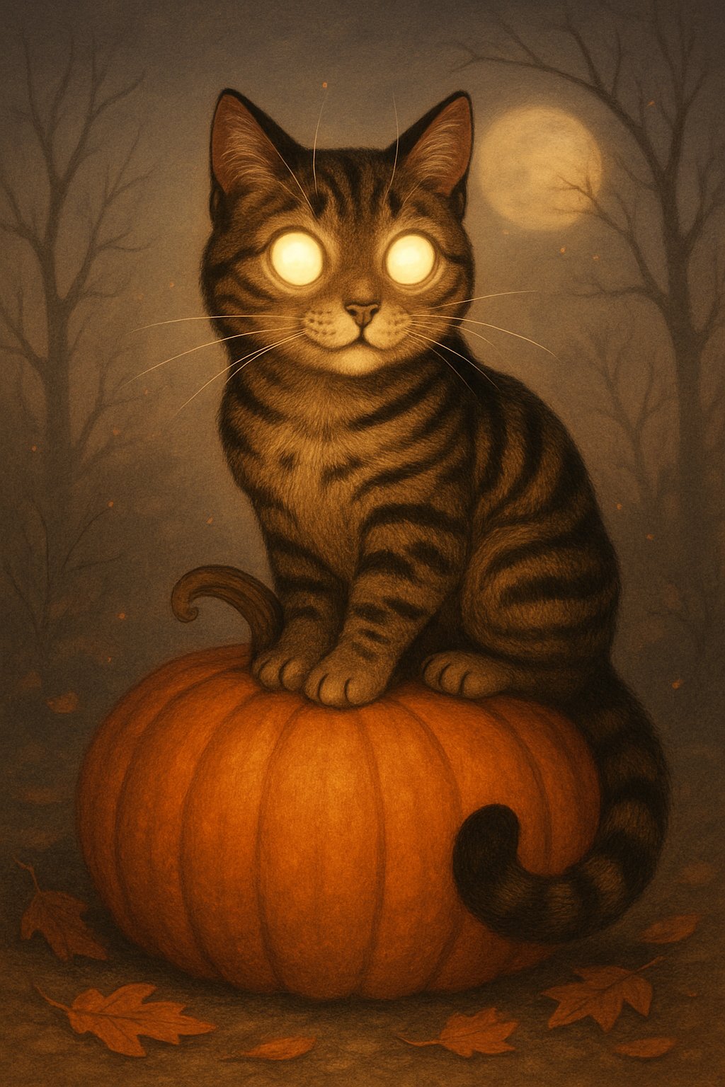 A tabby cat with glowing eyes sitting on top of a large pumpkin surrounded by autumn leaves and a faint moonlit background.