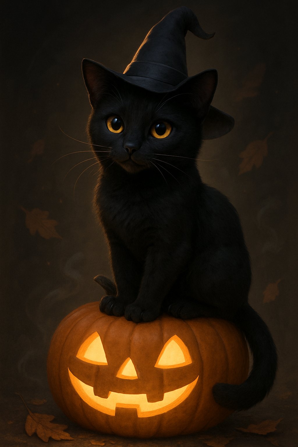 A black cat wearing a witch hat sitting on a carved jack-o'-lantern pumpkin.