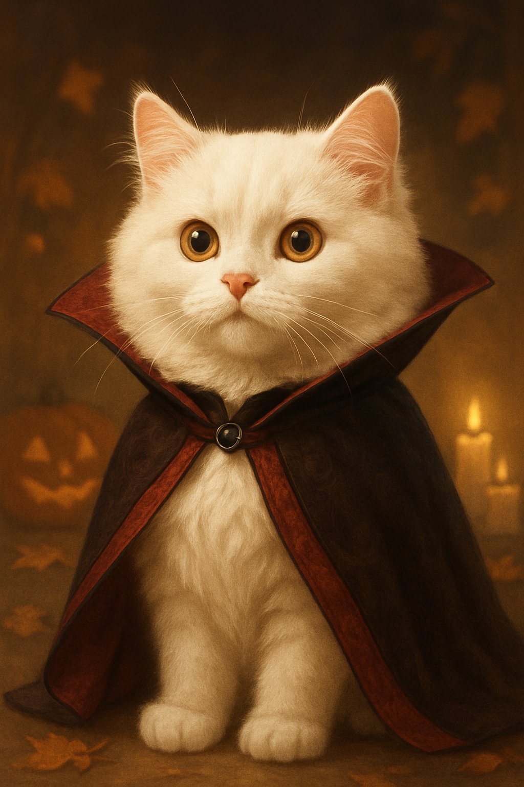 A fluffy white cat wearing a small vampire cape, surrounded by soft autumn colors and Halloween decorations.
