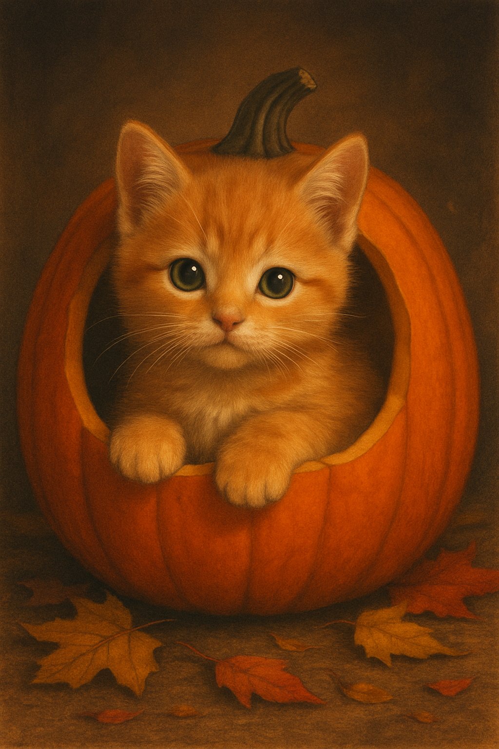 An orange kitten sitting inside a hollowed-out pumpkin surrounded by autumn leaves.