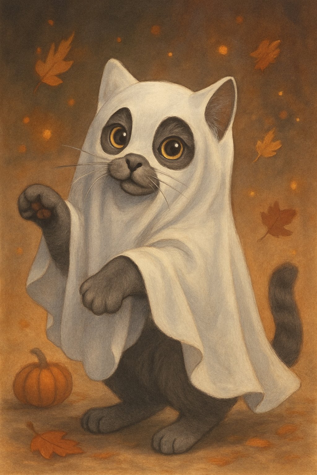 A playful gray cat wearing a white ghost costume surrounded by autumn leaves and small pumpkins.