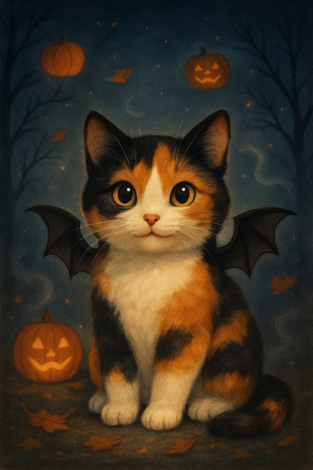 An adorable calico cat with bat wings sitting in a spooky Halloween setting with pumpkins and a moonlit night.