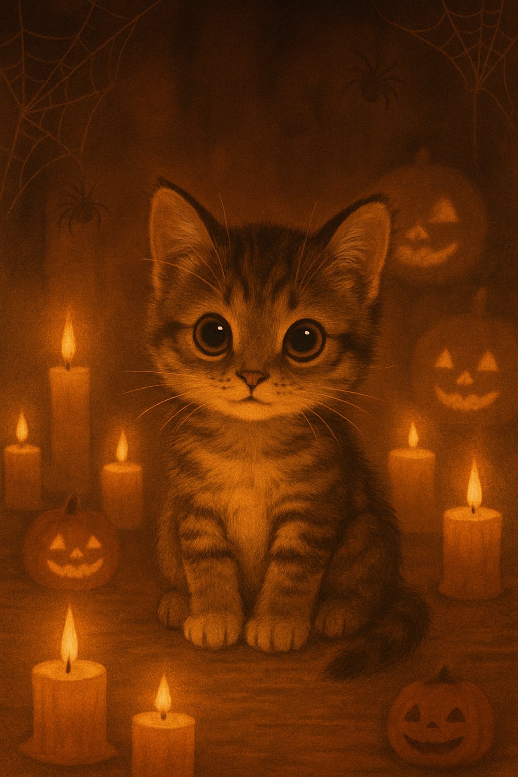 A small kitten sitting surrounded by flickering candles and Halloween decorations like pumpkins and spider webs.