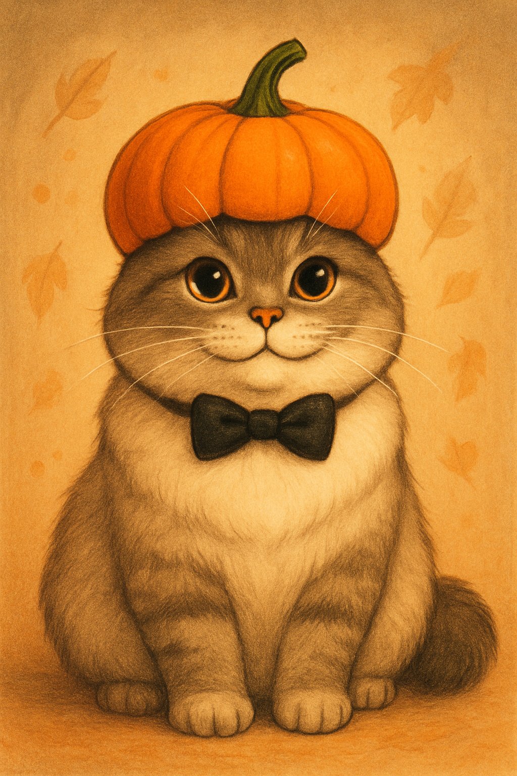 A chubby cat wearing a pumpkin hat and a bow tie, sitting with a gentle smile against a soft autumn background.