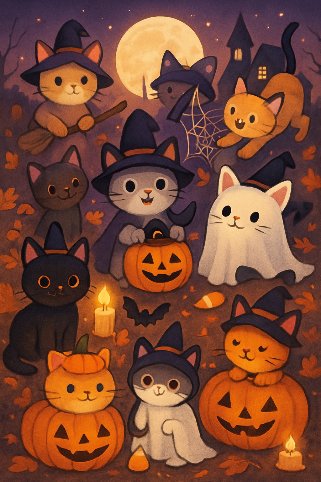 Ten cats in Halloween costumes playing outdoors at dusk with pumpkins, autumn leaves, and a haunted house in the background.