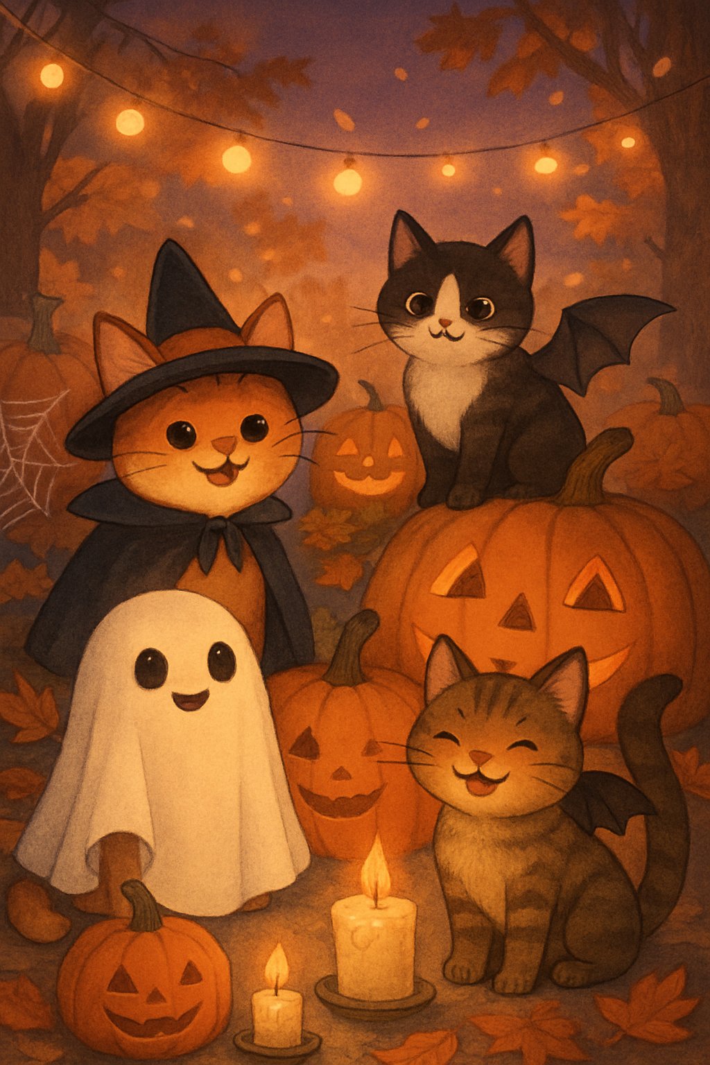 Several cats dressed in Halloween costumes surrounded by pumpkins, jack-o'-lanterns, cobwebs, and autumn leaves on a cozy evening.