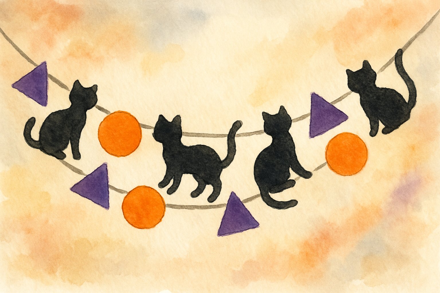 A garland of black cat silhouettes alternating with orange and purple felt shapes hanging in a festive Halloween setting.