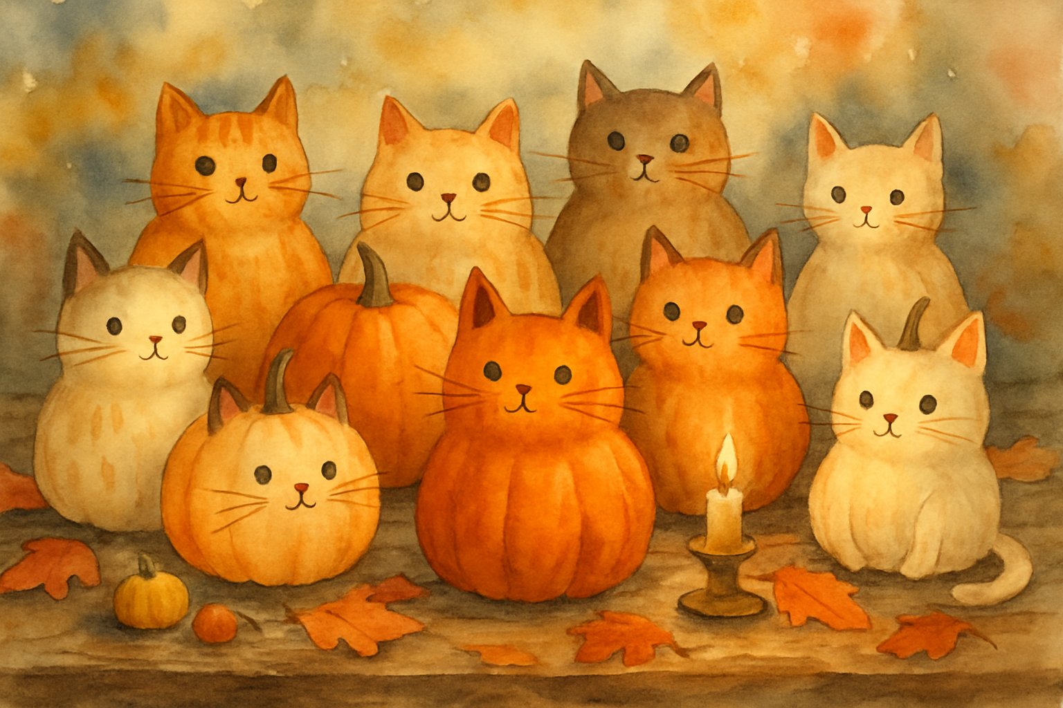 Nine pumpkins decorated as cats with whiskers and ears arranged on a wooden table surrounded by autumn leaves and small gourds.