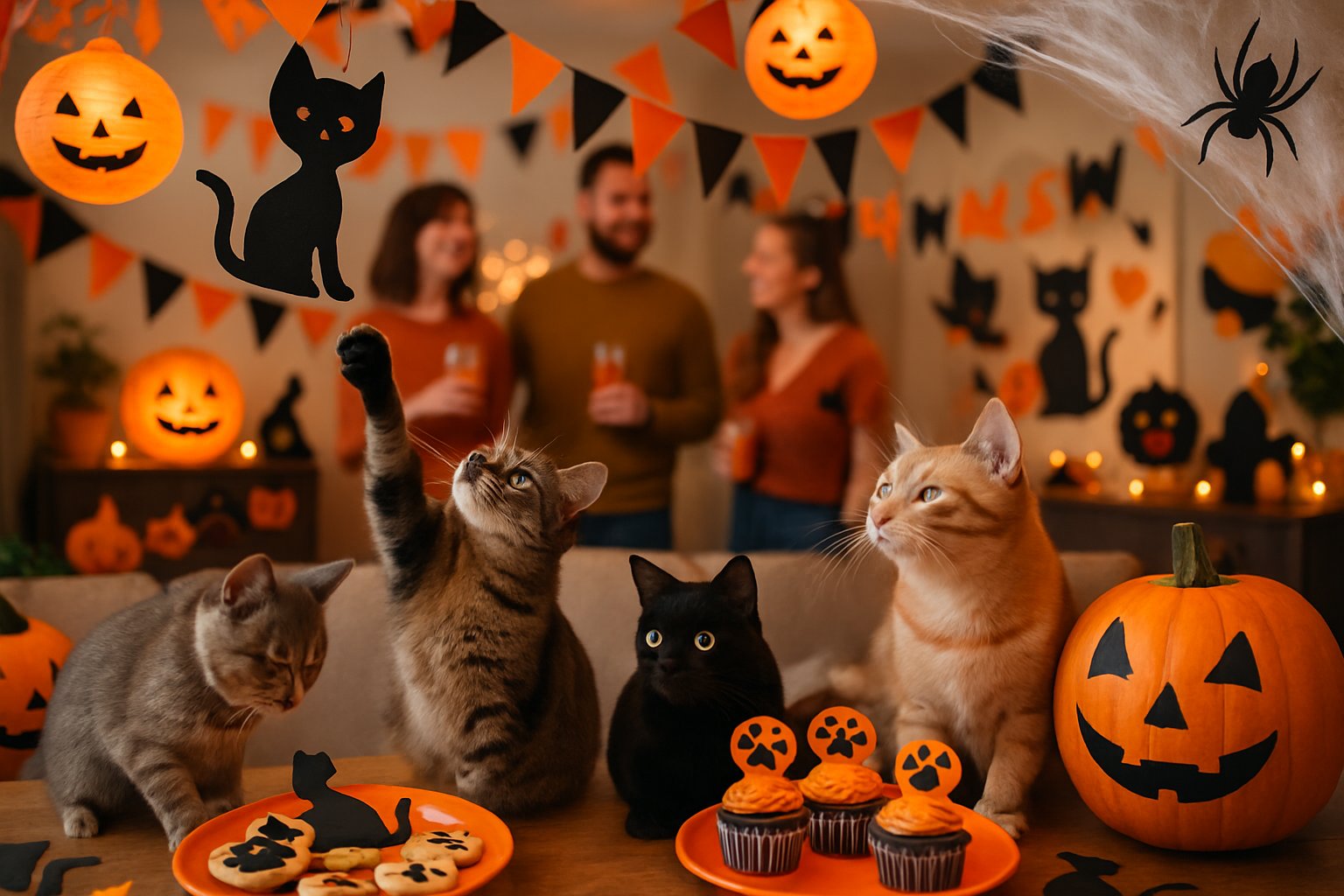 A cozy living room decorated for a Halloween party with pumpkins, black cat decorations, and cats playing among themed treats on a table.