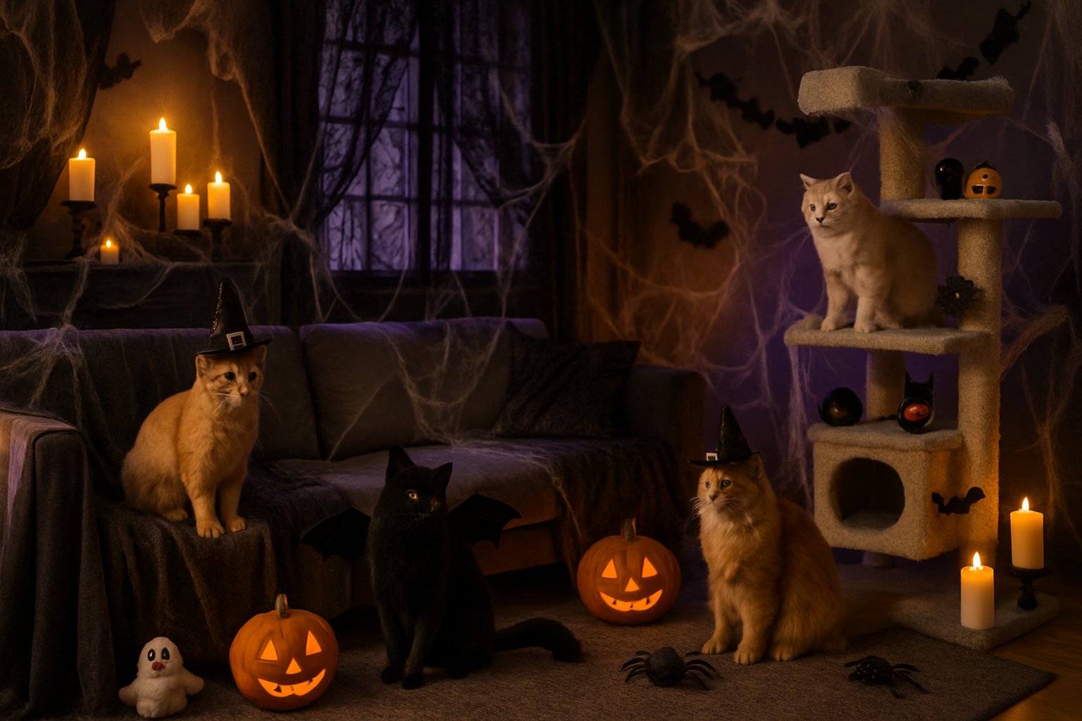 Living room decorated with Halloween-themed cat-safe decorations and several cats wearing Halloween accessories playing around.