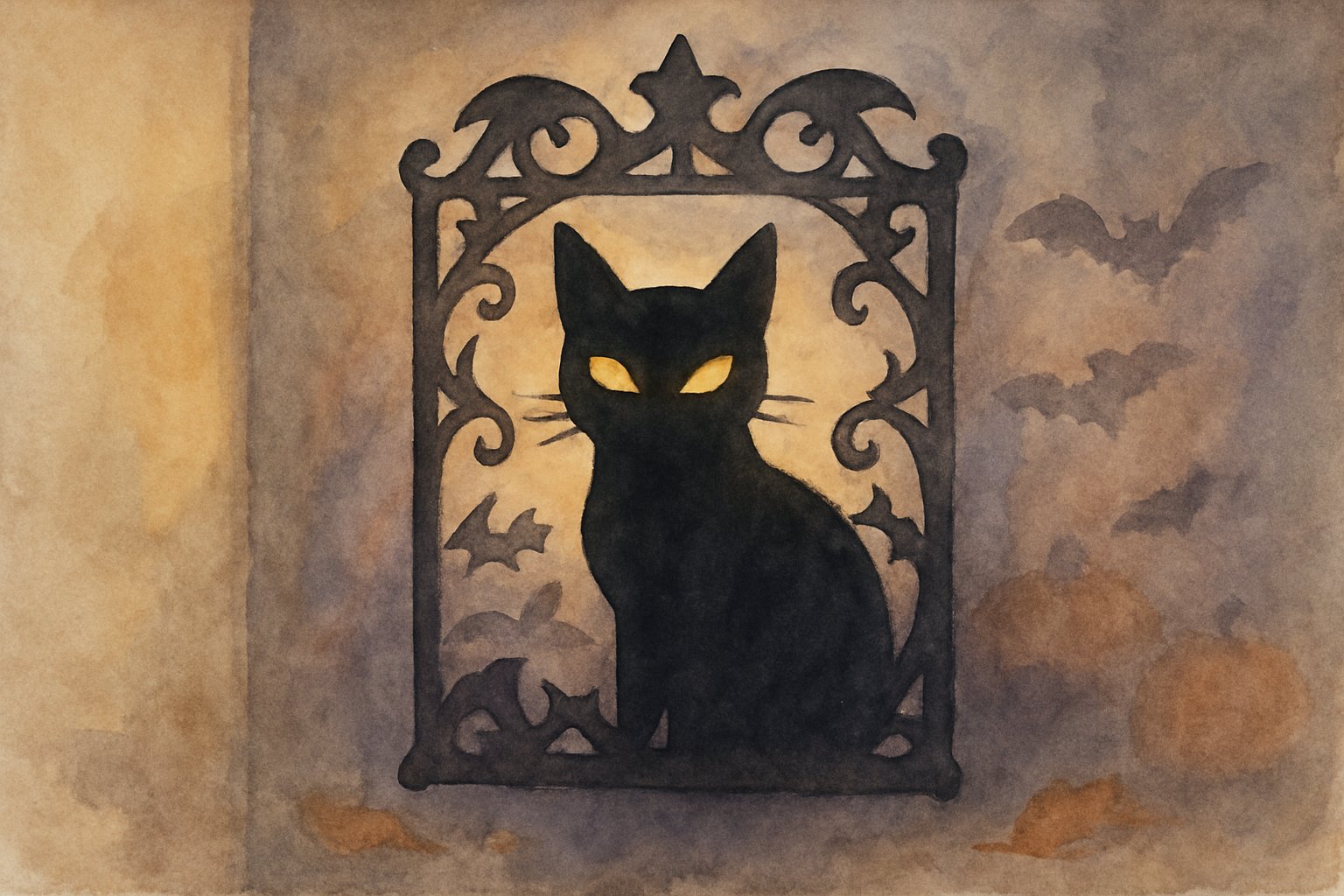 A black cat silhouette with glowing eyes and decorative cutouts on a wall, surrounded by autumn colors and subtle Halloween-themed elements.