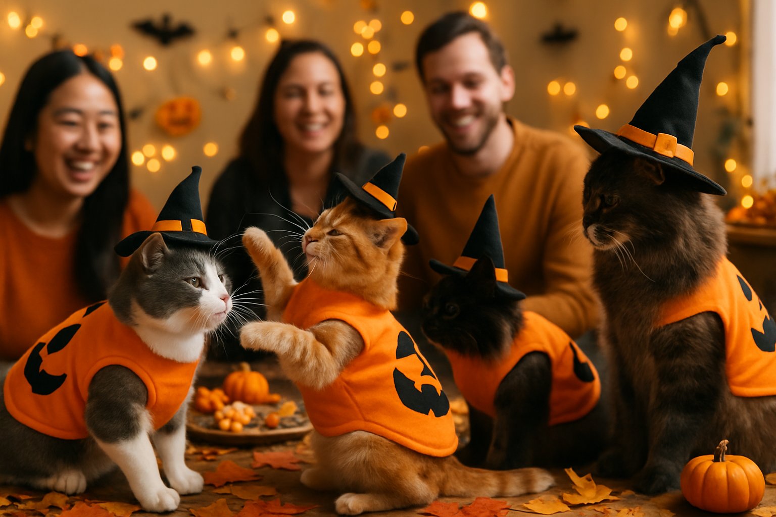 Several cats wearing tiny witch hats and pumpkin onesies in a decorated room with Halloween decorations and smiling people watching them.
