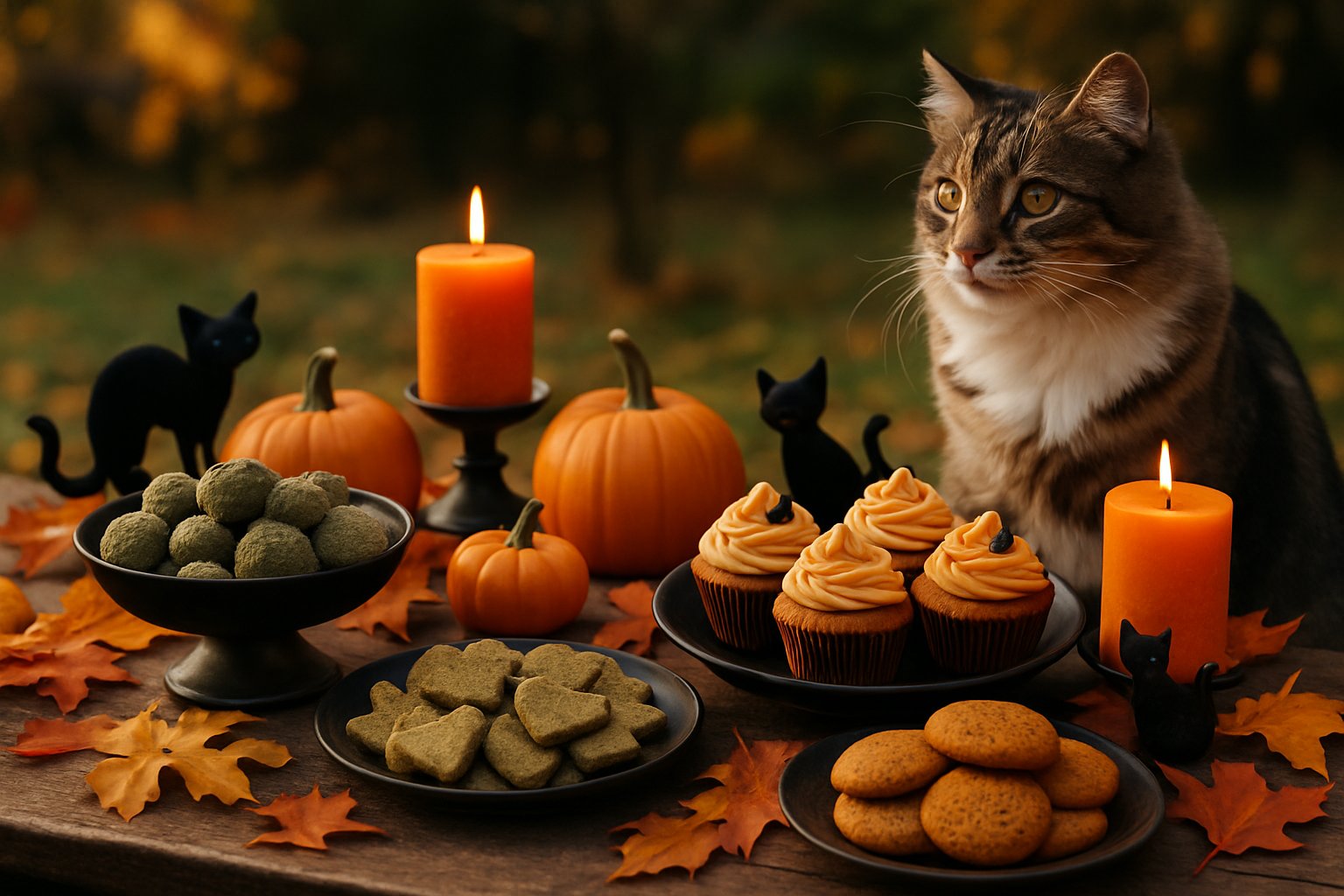 A Halloween-themed outdoor party table with catnip treats and pumpkin spice goodies, decorated with small pumpkins and fall leaves, with a cat nearby.