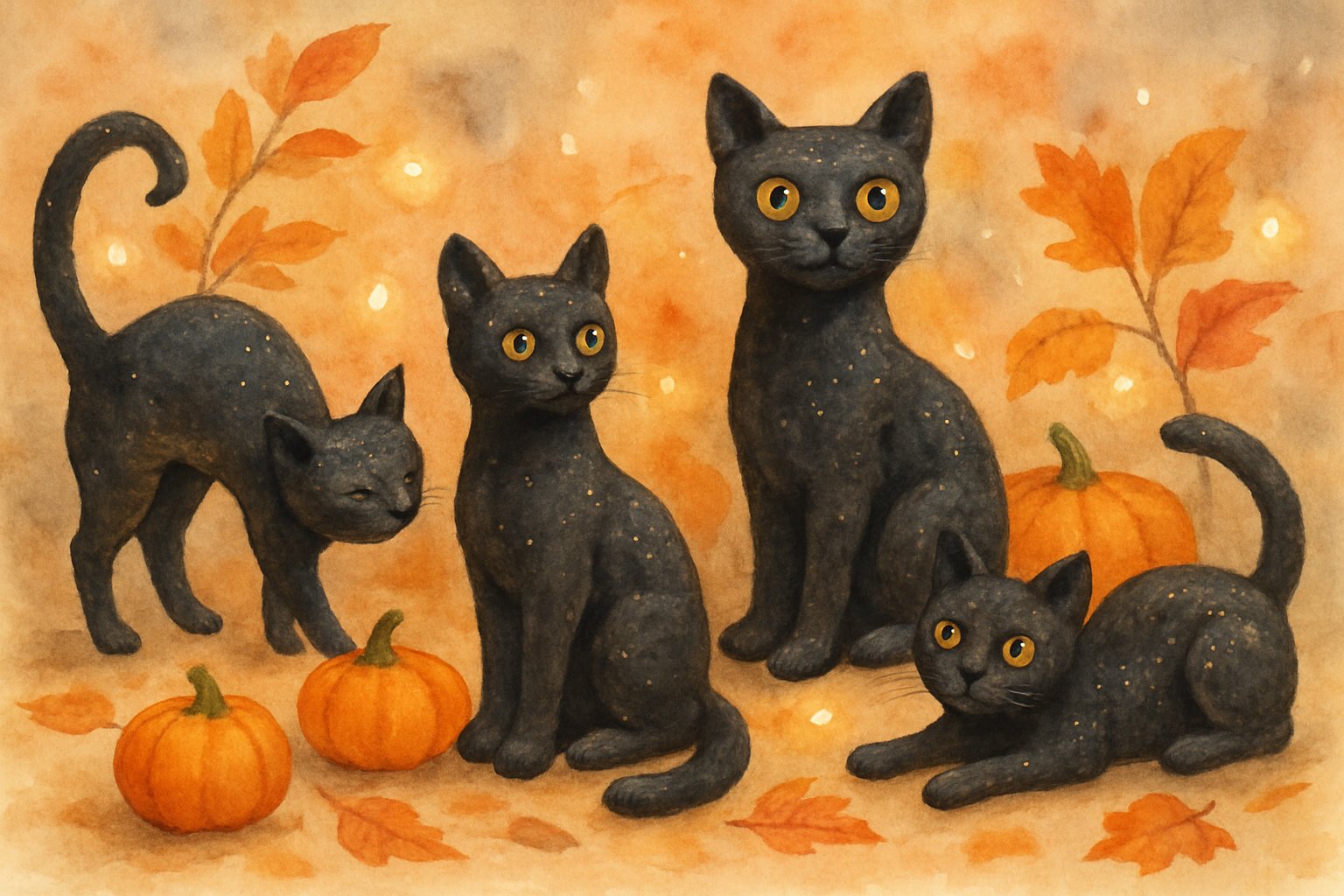A group of black cat decorations with glitter accents arranged among pumpkins and autumn leaves in a cozy Halloween setting.