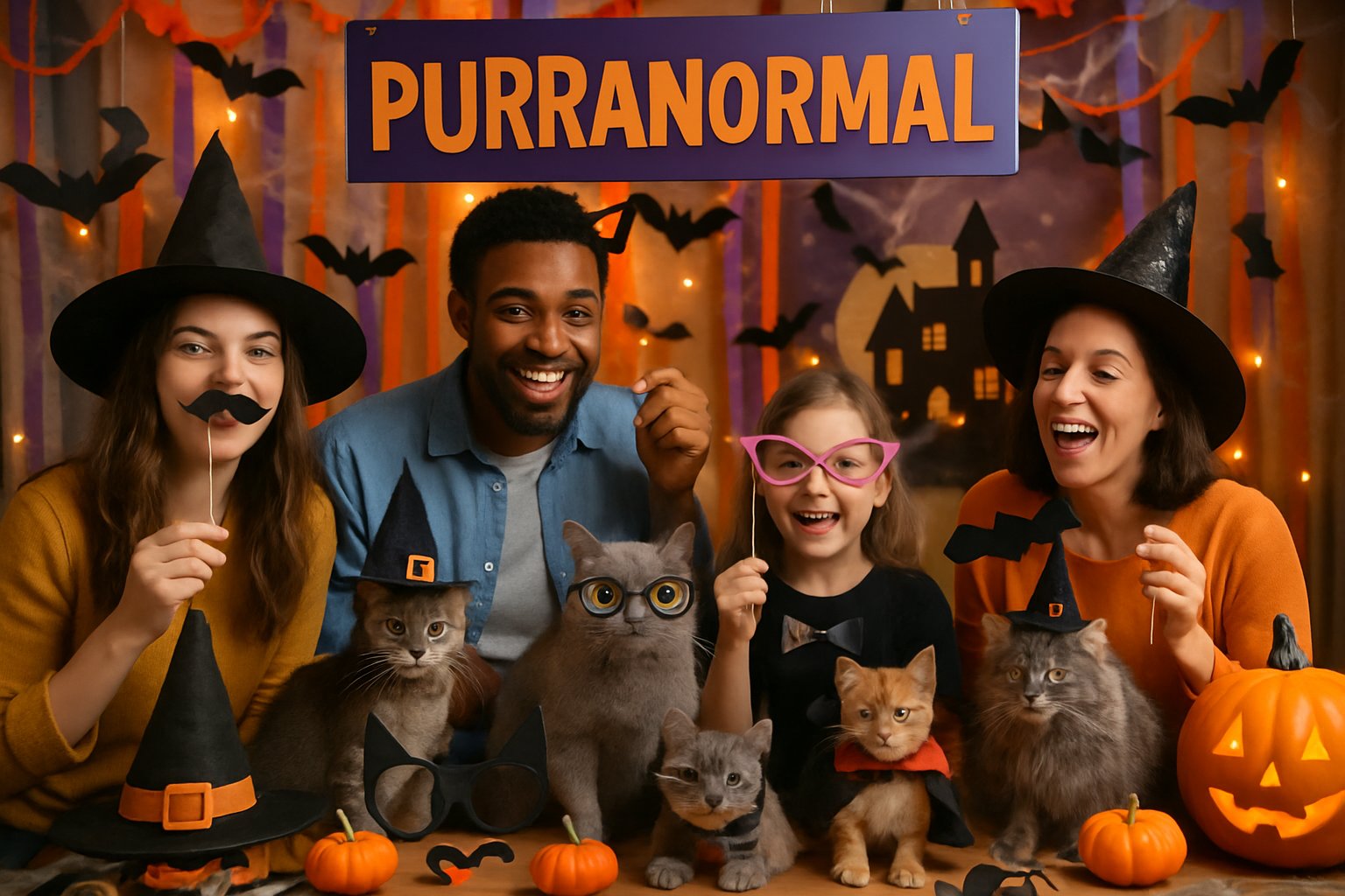 A Halloween-themed photo booth with cats wearing costumes and silly props, surrounded by guests posing and smiling in a decorated indoor space.