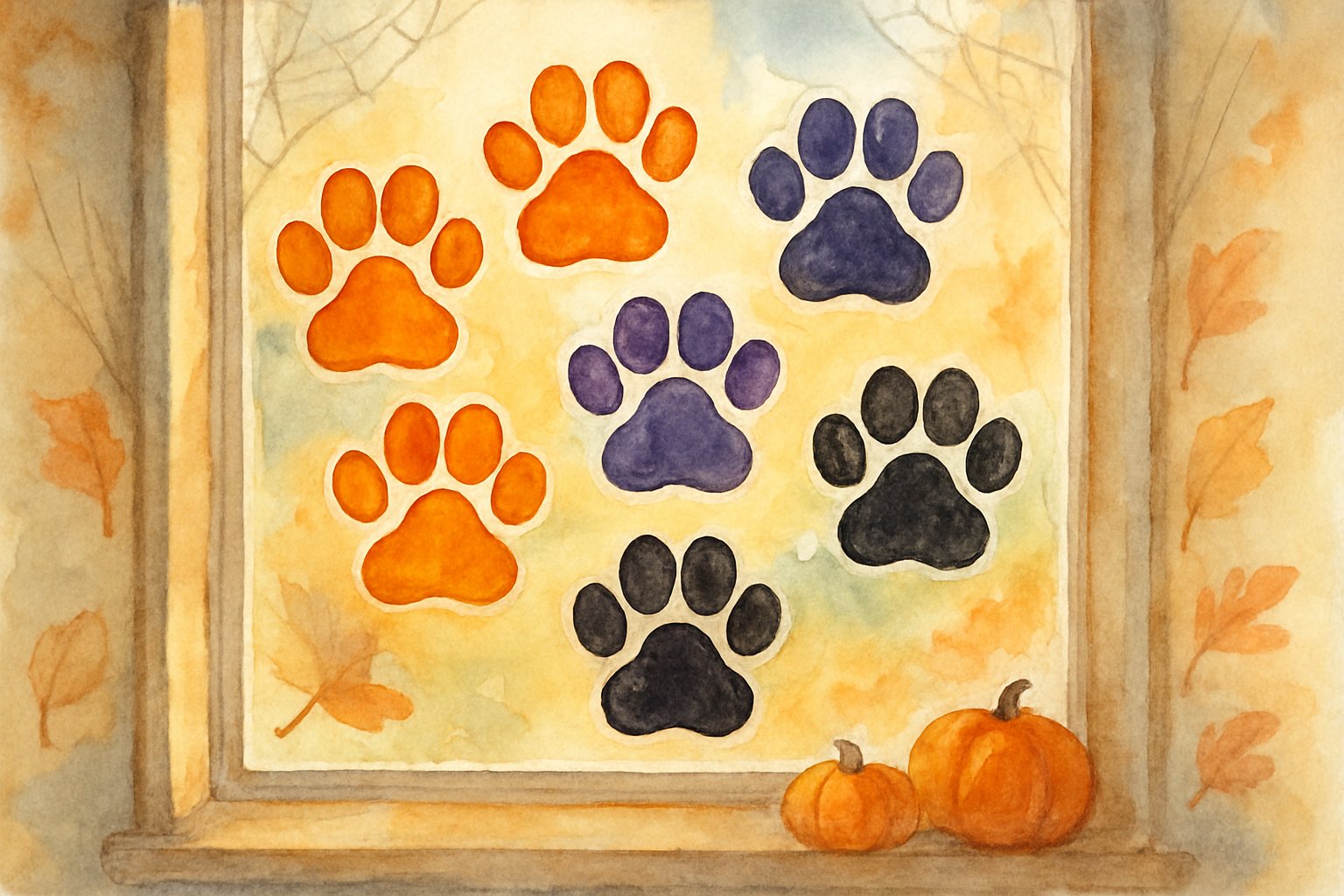 A window decorated with colorful cat paw print clings in Halloween colors, surrounded by pumpkins, spider webs, and autumn leaves.