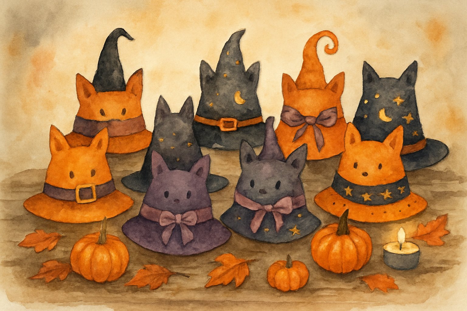 Nine handmade cat witch hats arranged on a wooden table with pumpkins, autumn leaves, and candles for Halloween decoration.