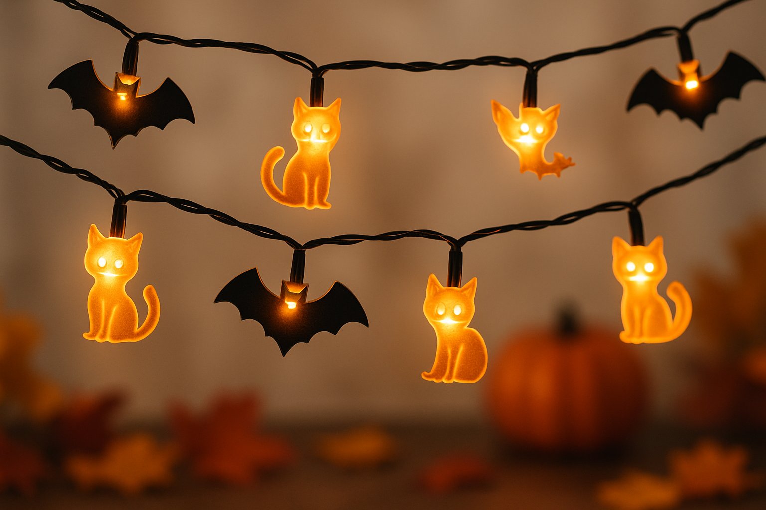 Black and orange bat and cat-shaped fairy lights hanging with autumn decorations in the background.