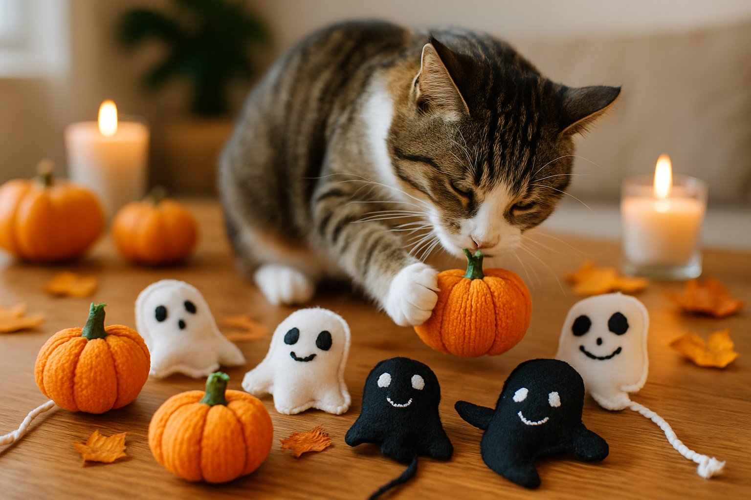 A cat playing with handmade pumpkin and ghost-shaped cat toys on a wooden table surrounded by Halloween decorations.