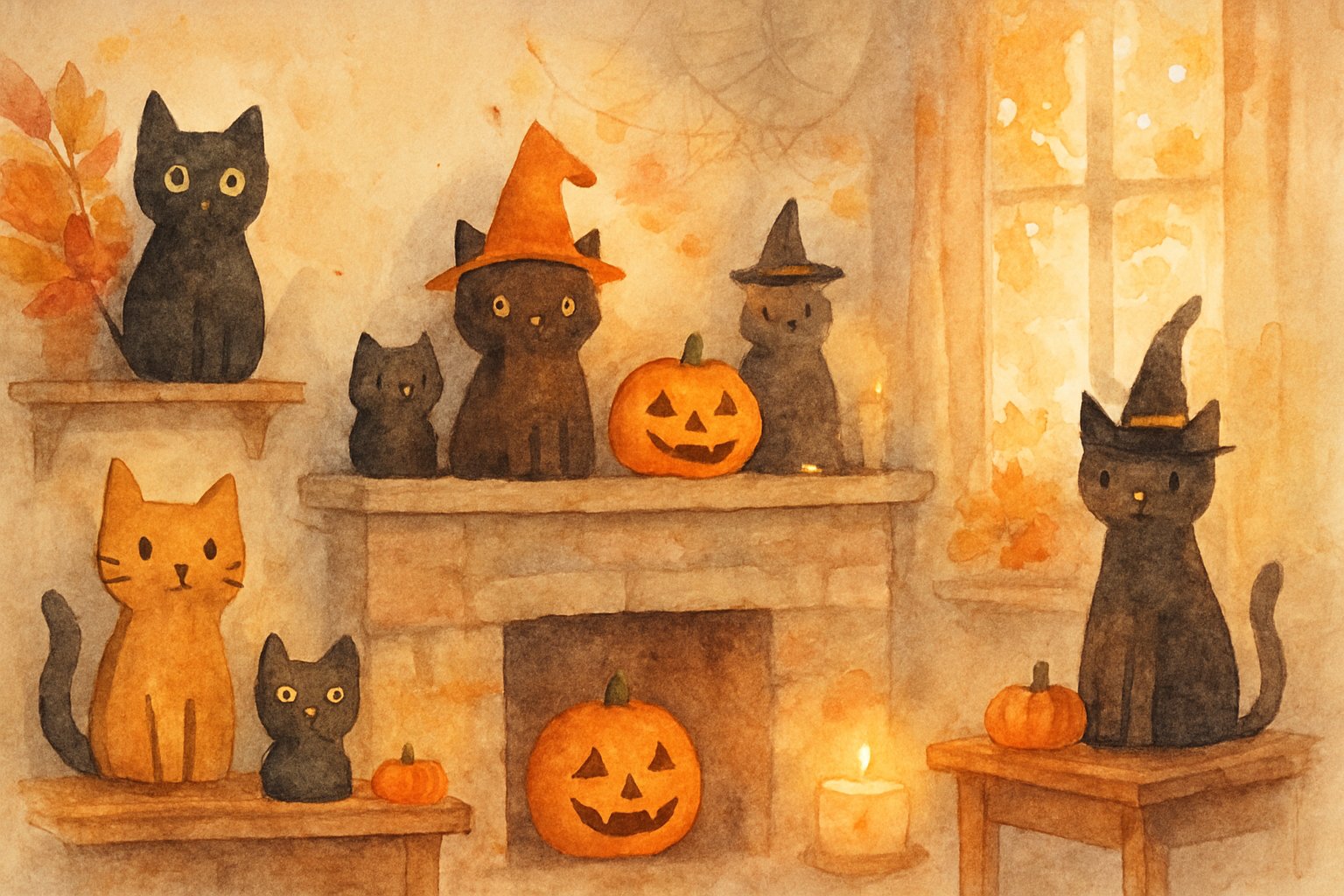 A cozy autumn room decorated with various handmade black cat Halloween decorations, pumpkins, and warm candlelight creating a festive atmosphere.