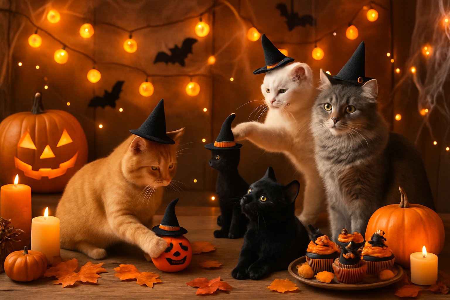 Indoor Halloween party scene with cats playing among pumpkins, decorations, and themed props on a decorated table.