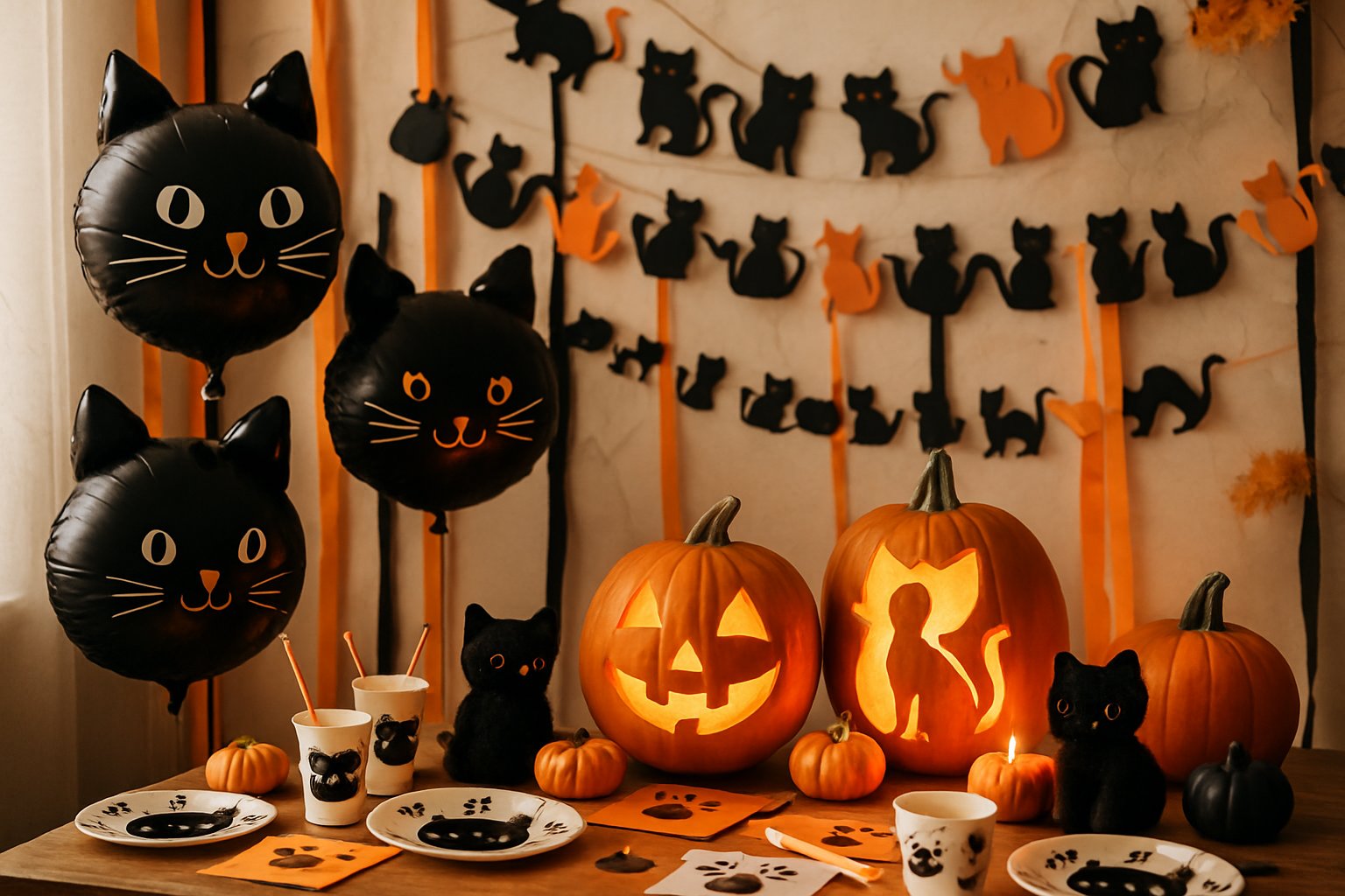 A Halloween party setup decorated with black cat balloons, cat-themed tableware, carved pumpkins with cat designs, and festive autumn decorations.