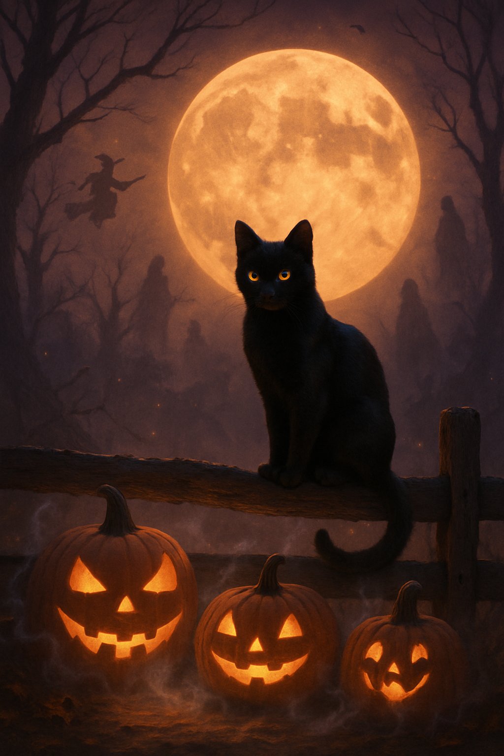 A black cat with glowing eyes sits on a wooden fence surrounded by glowing jack-o'-lanterns and mist under a full moon, with twisted trees and faint ghostly figures in the background.