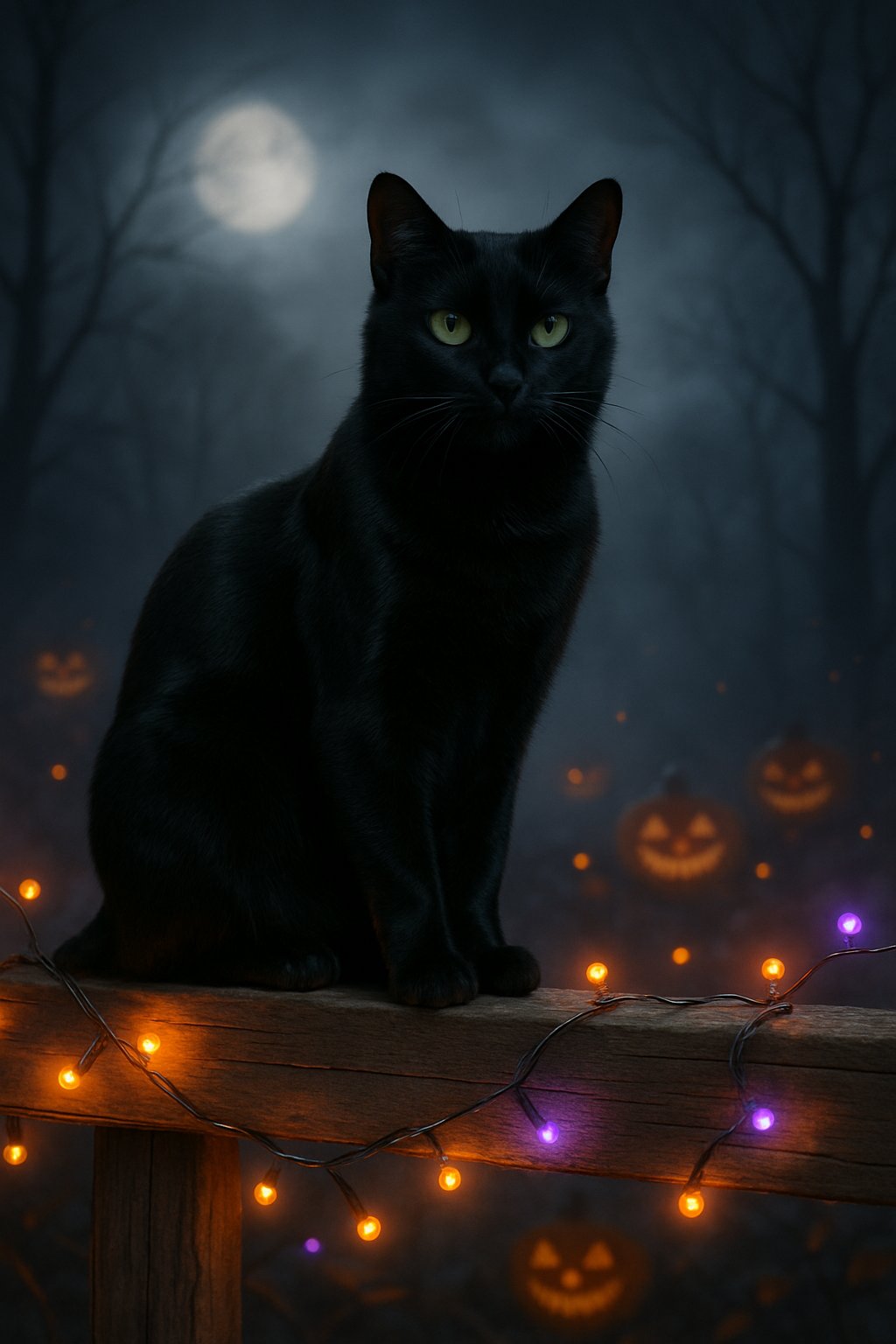 A black cat sitting on a wooden fence at night surrounded by Halloween lights and decorations with trees in the background.