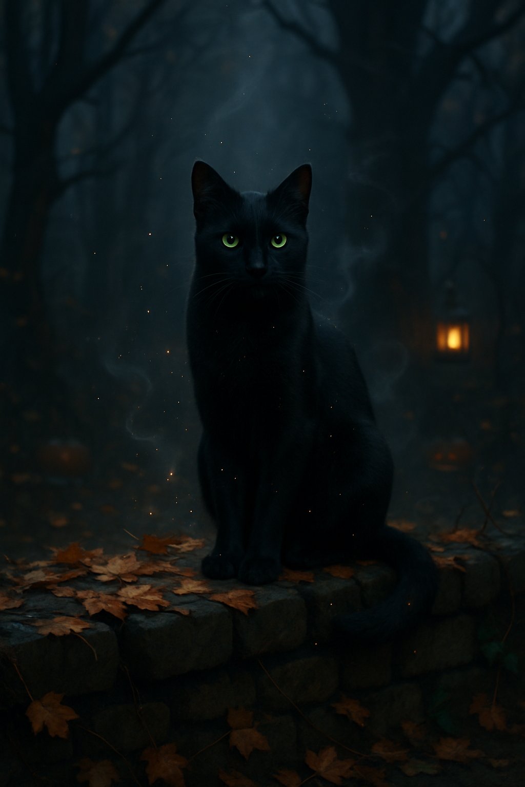 A black cat with green eyes sitting on a stone wall surrounded by autumn leaves and faint magical sparkles in a dimly lit forest with pumpkins.