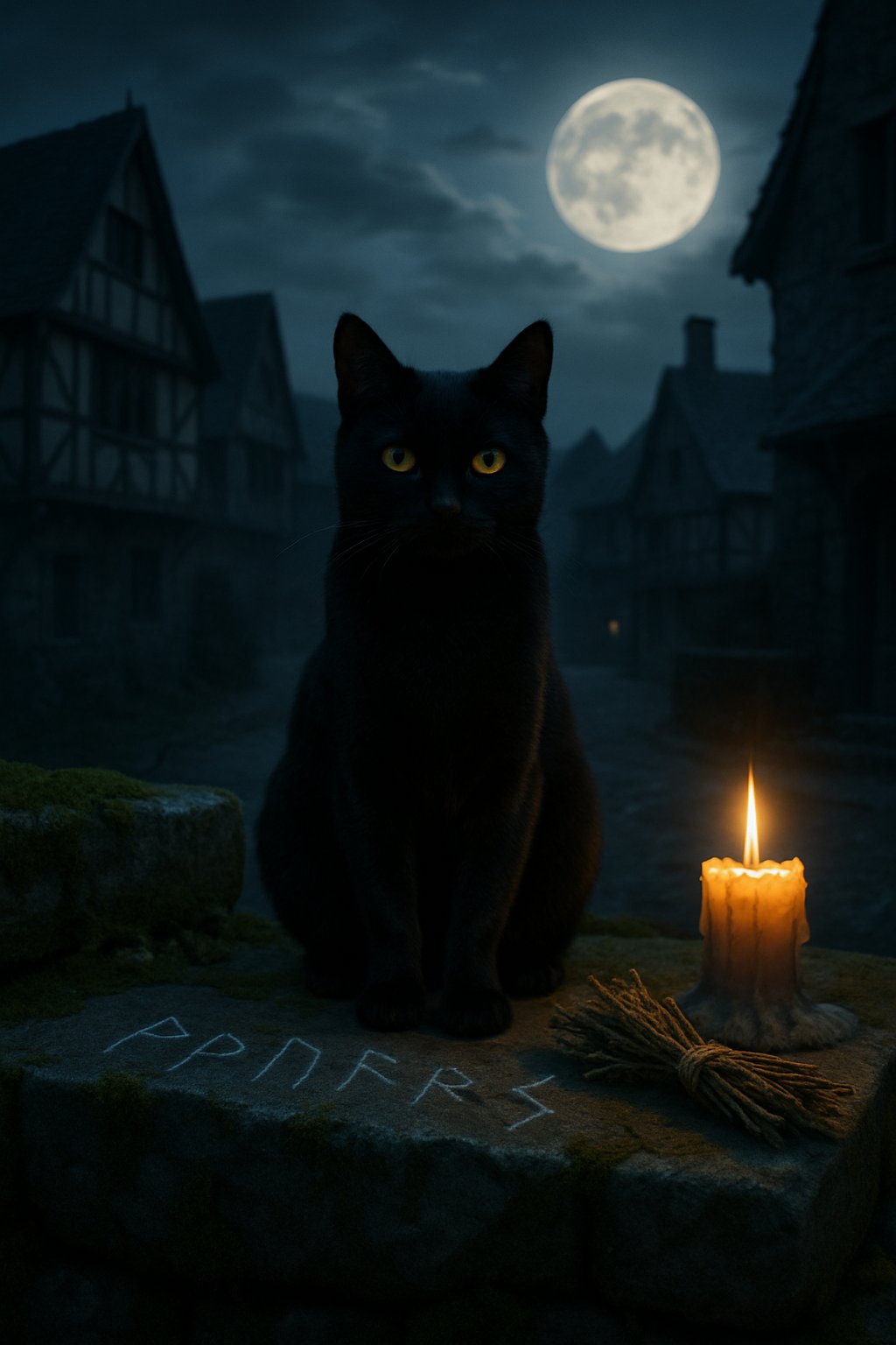 A black cat with yellow eyes sitting on an old stone wall with glowing runes, near dried herbs and a candle, in a medieval village under a full moon.