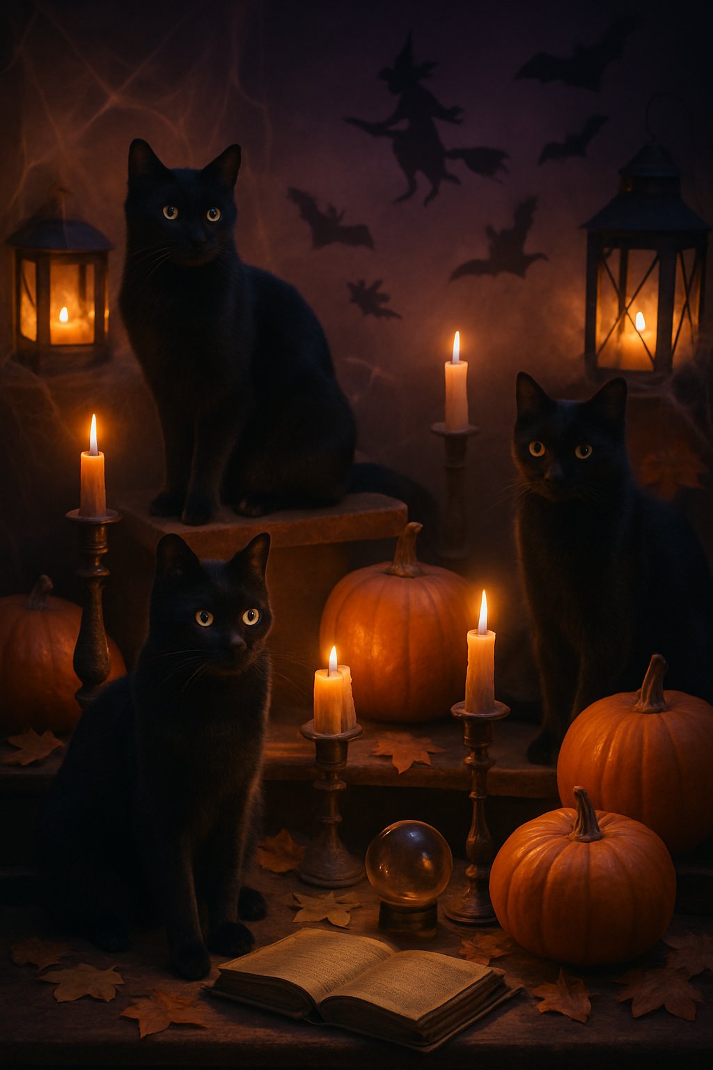 Black cats surrounded by Halloween decorations including pumpkins, candles, and autumn leaves in a dimly lit setting.