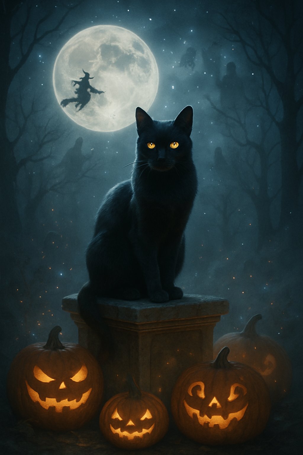 A black cat sitting on a stone pedestal surrounded by glowing jack-o'-lanterns in a foggy forest with a full moon and faint silhouettes of witches and ghosts in the background.