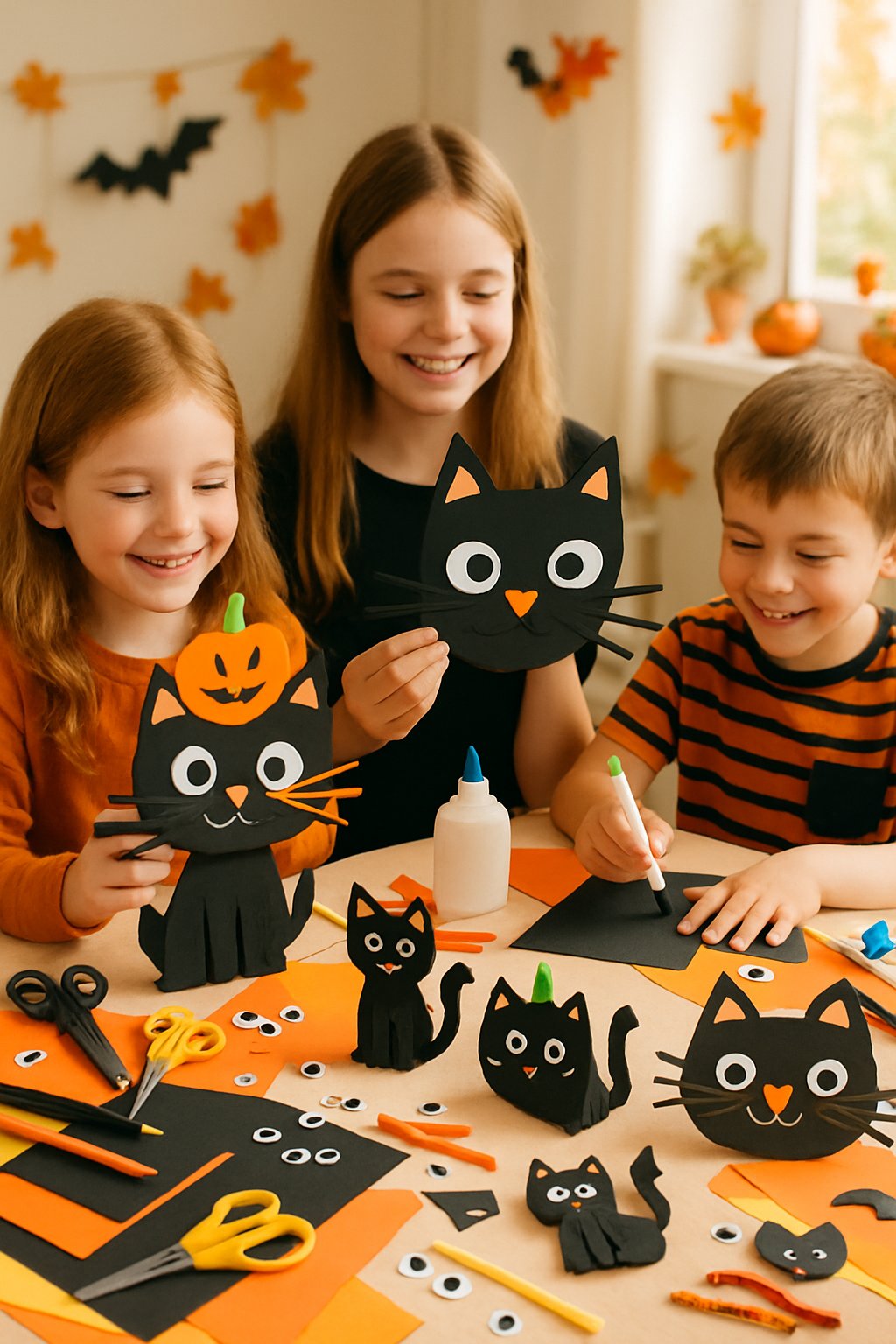 Children making cat-themed Halloween crafts at a table with paper, glue, and decorations.