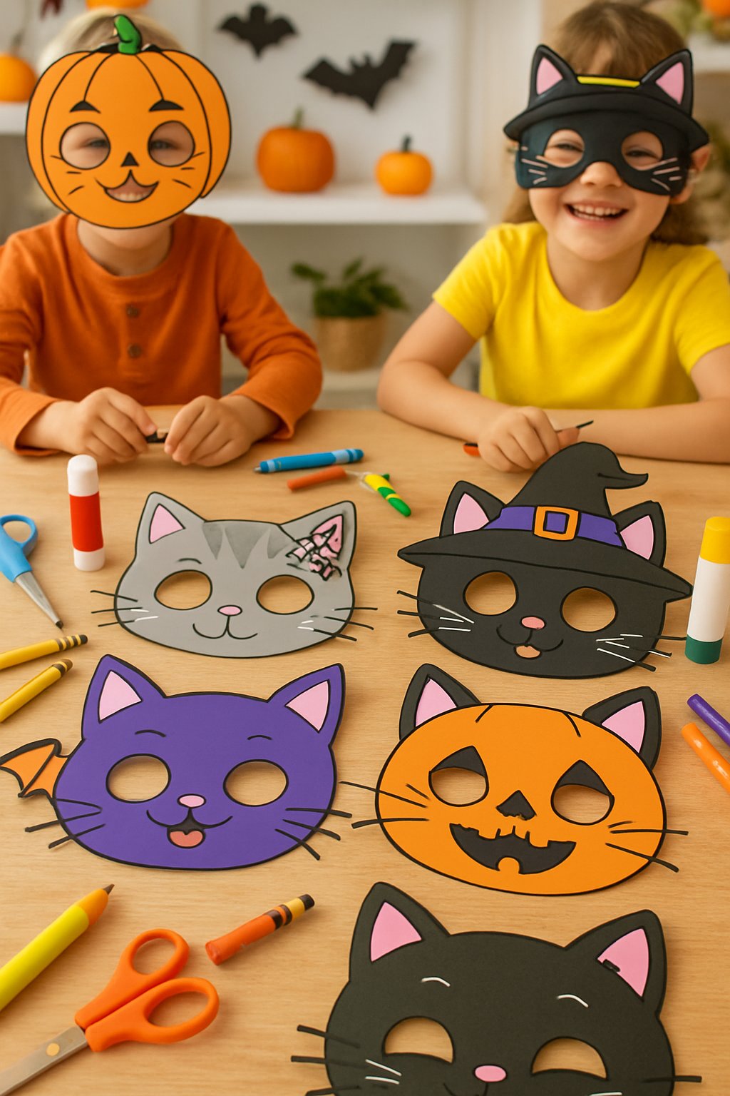 Six colorful Halloween cat masks on a craft table with children making and wearing the masks surrounded by craft supplies and Halloween decorations.