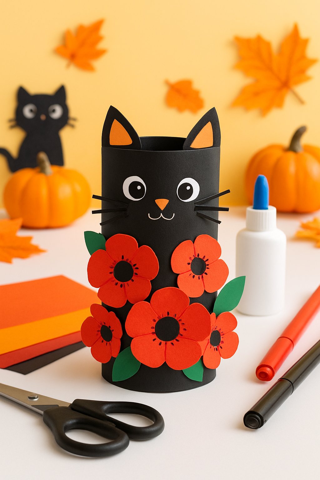 A colorful Halloween craft project showing a poppy cat made from a toilet paper roll surrounded by craft supplies and small festive decorations.