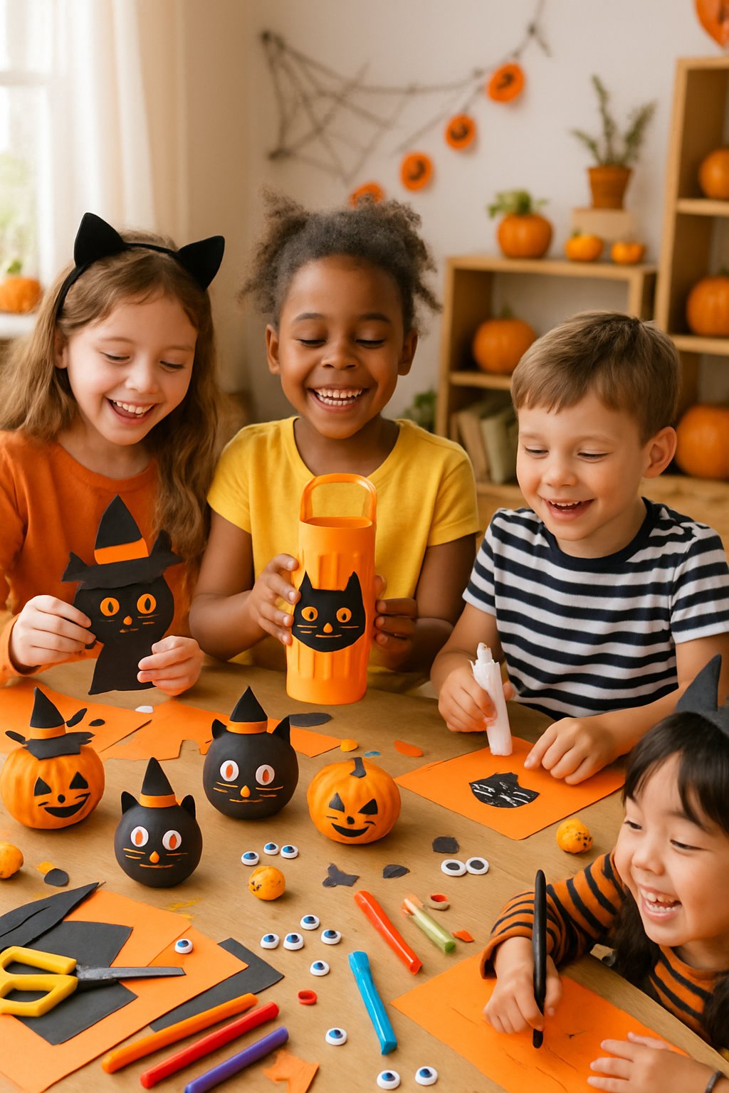 Children making Halloween crafts featuring cat designs at a table filled with craft supplies in a decorated room.