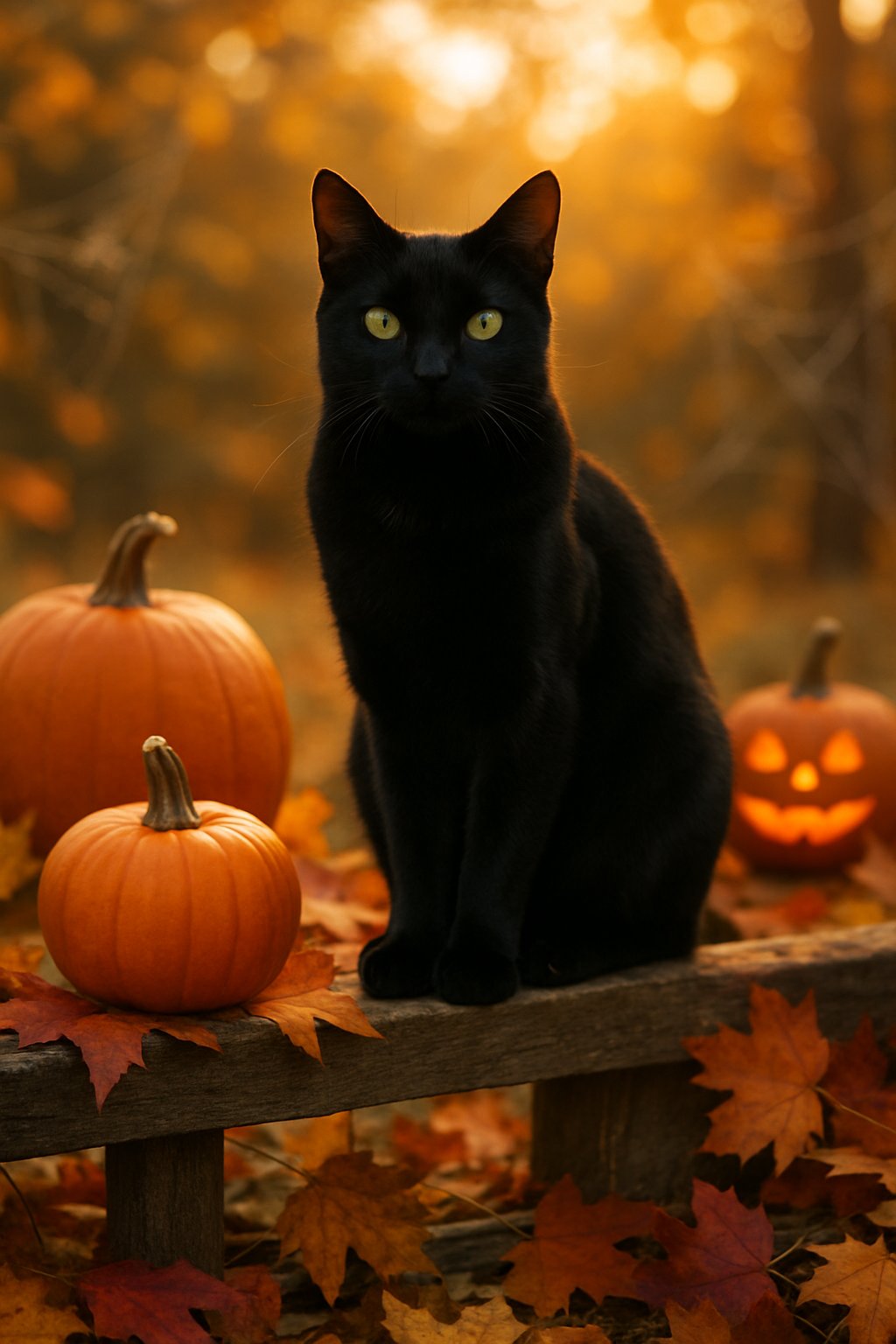 A black cat with green eyes sitting on a wooden fence surrounded by pumpkins, autumn leaves, and Halloween decorations in warm sunlight.