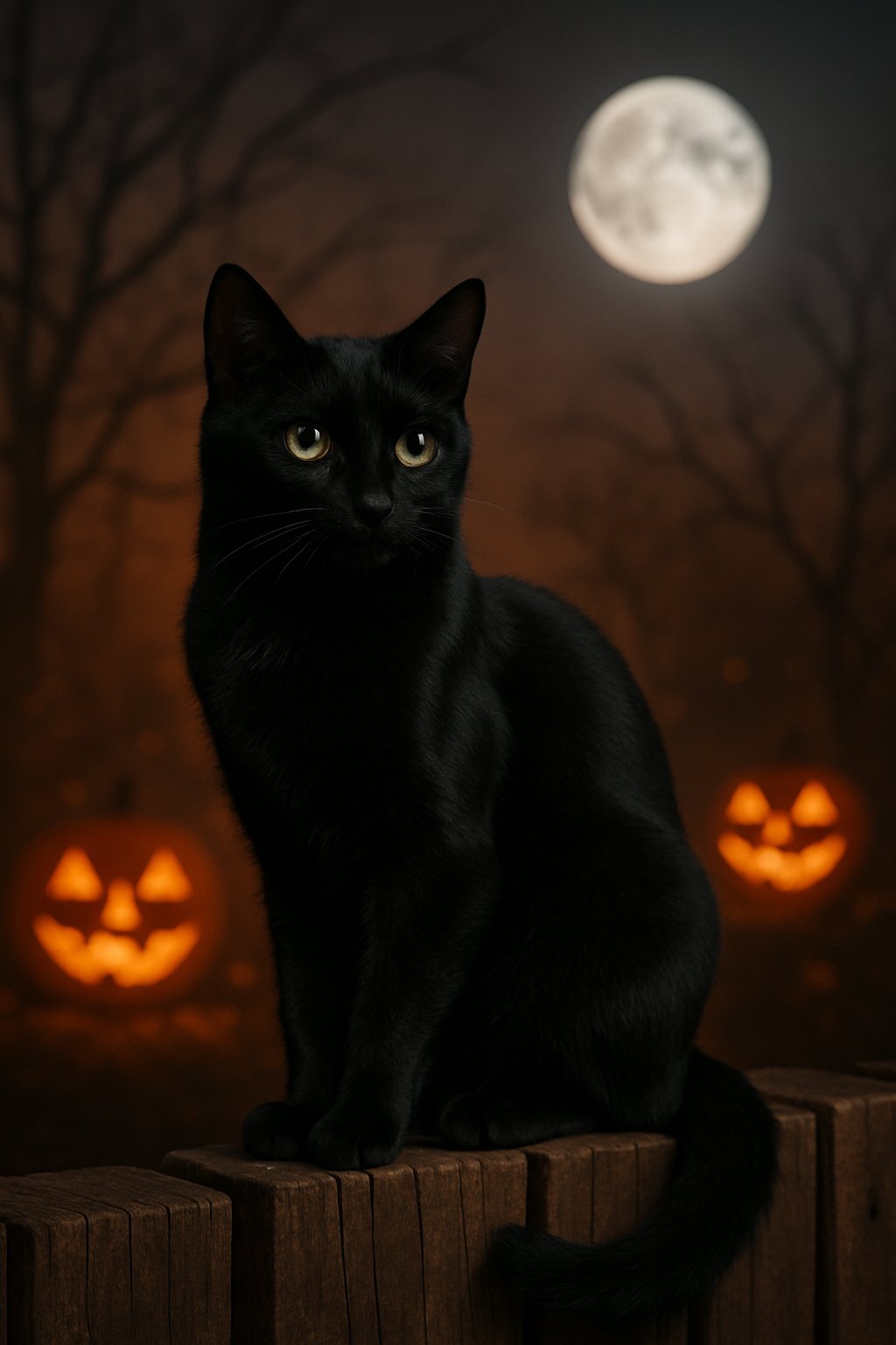 A black cat sitting on a wooden fence at night with glowing jack-o'-lanterns and a full moon in the background.