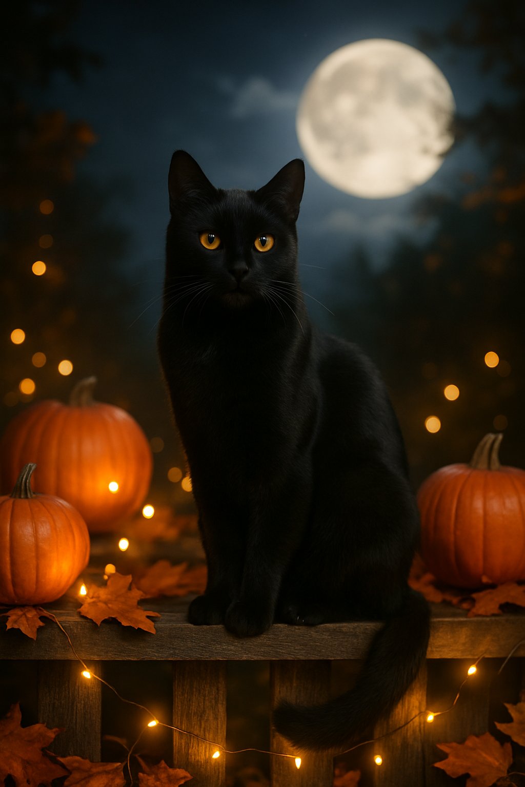 A black cat with yellow eyes sitting on a wooden fence surrounded by pumpkins and autumn leaves under a moonlit sky.