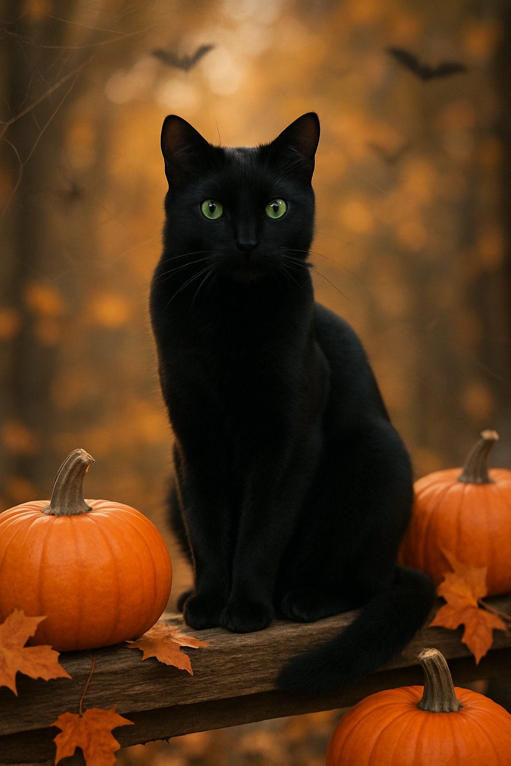 A black cat with green eyes sitting on a wooden fence surrounded by pumpkins and autumn leaves with soft sunlight in the background.