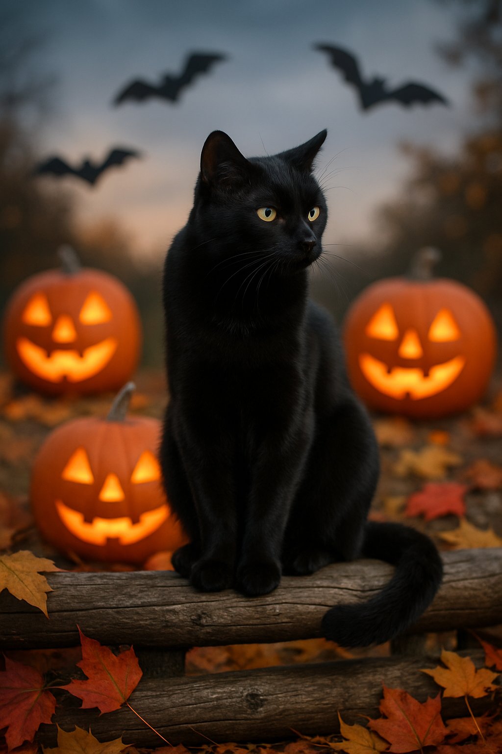 A black cat sitting on a wooden fence surrounded by pumpkins, autumn leaves, and bats in a twilight Halloween setting.