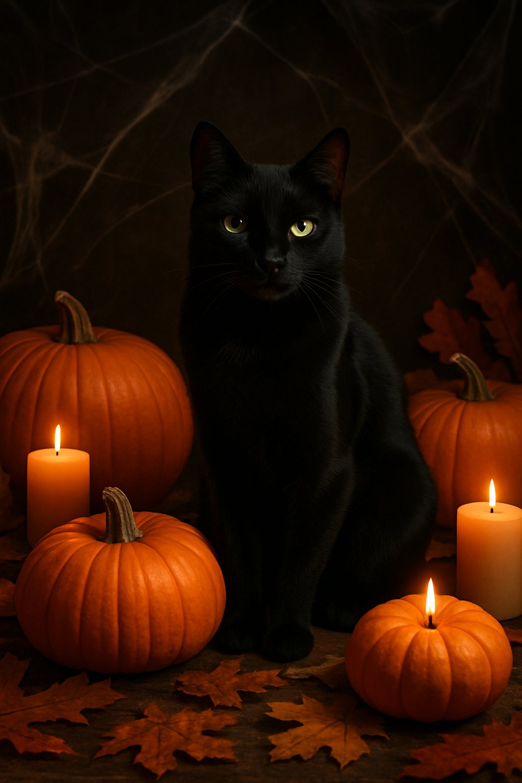 A black cat with green eyes sitting among pumpkins, candles, autumn leaves, and cobwebs in a Halloween setting.
